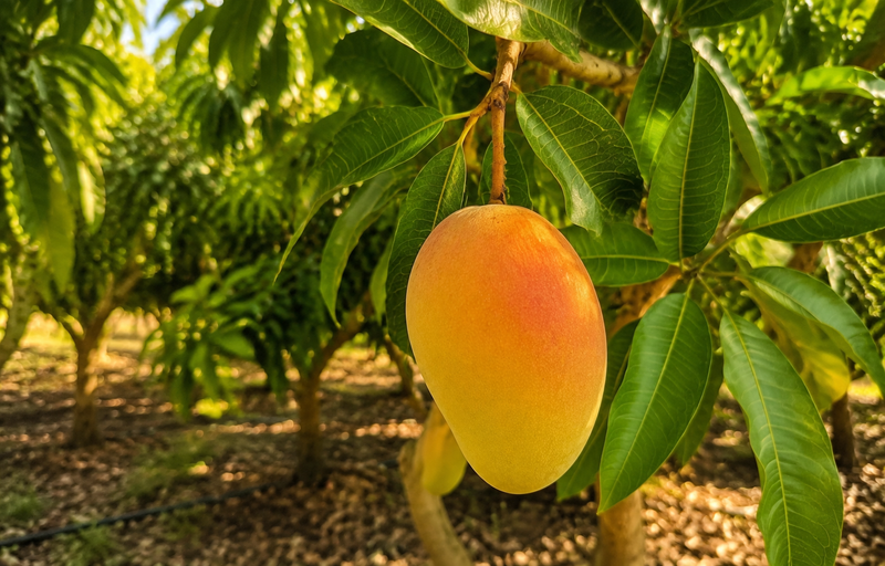 Mango Kensington Pride BIO maturo sull'albero nel frutteto di Capo Vaticano