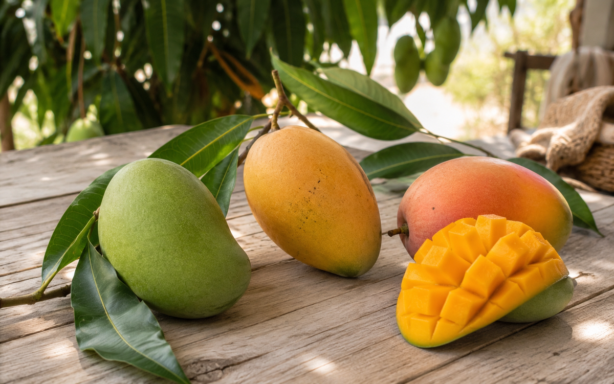 Mango BIO in tre stadi di maturazione, verde, maturo e pronto da mangiare