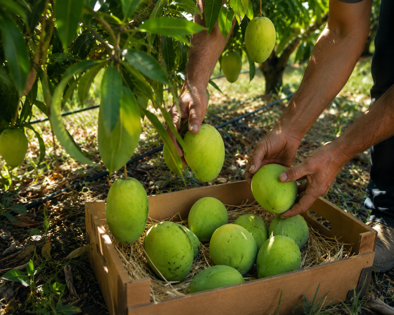 Raccolta manuale dei mango BIO nel frutteto di Worth Production in Calabria