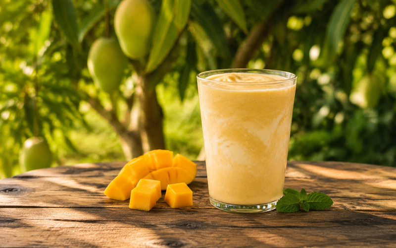 Smoothie cremoso al mango BIO e yogurt greco nel frutteto