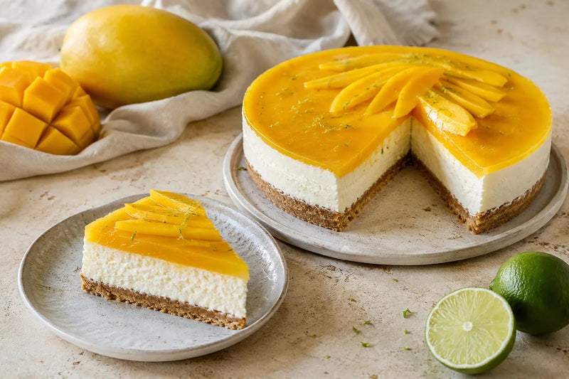 Cheesecake al mango senza cottura con copertura di frutta e lime
