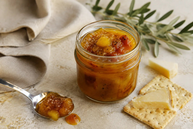 Chutney agrodolce di mango servito con formaggio e cracker