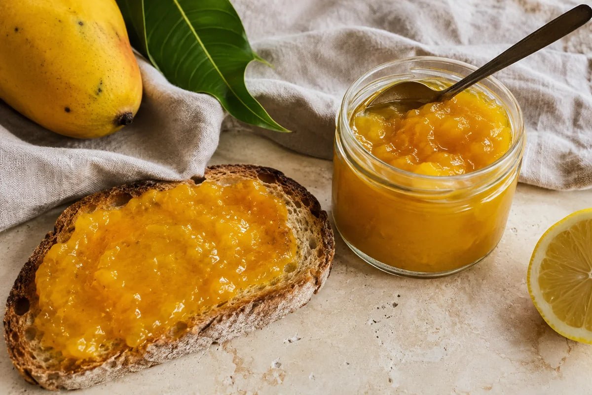 Confettura fresca di mango e limone su pane tostato