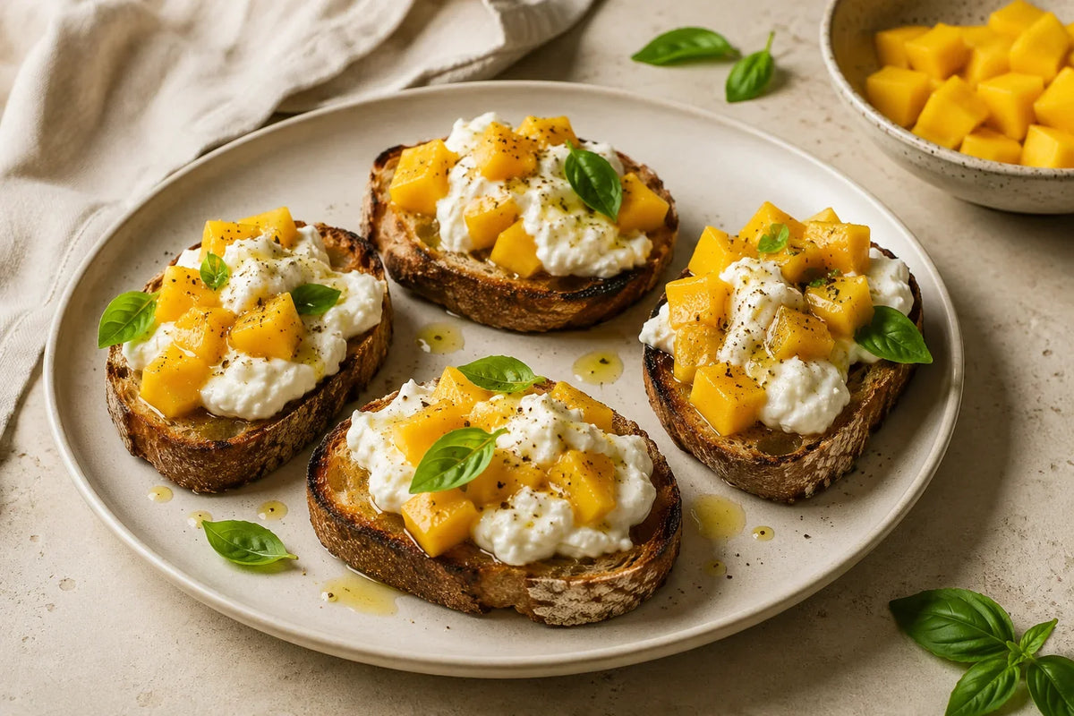 Crostini con burrata, mango e basilico