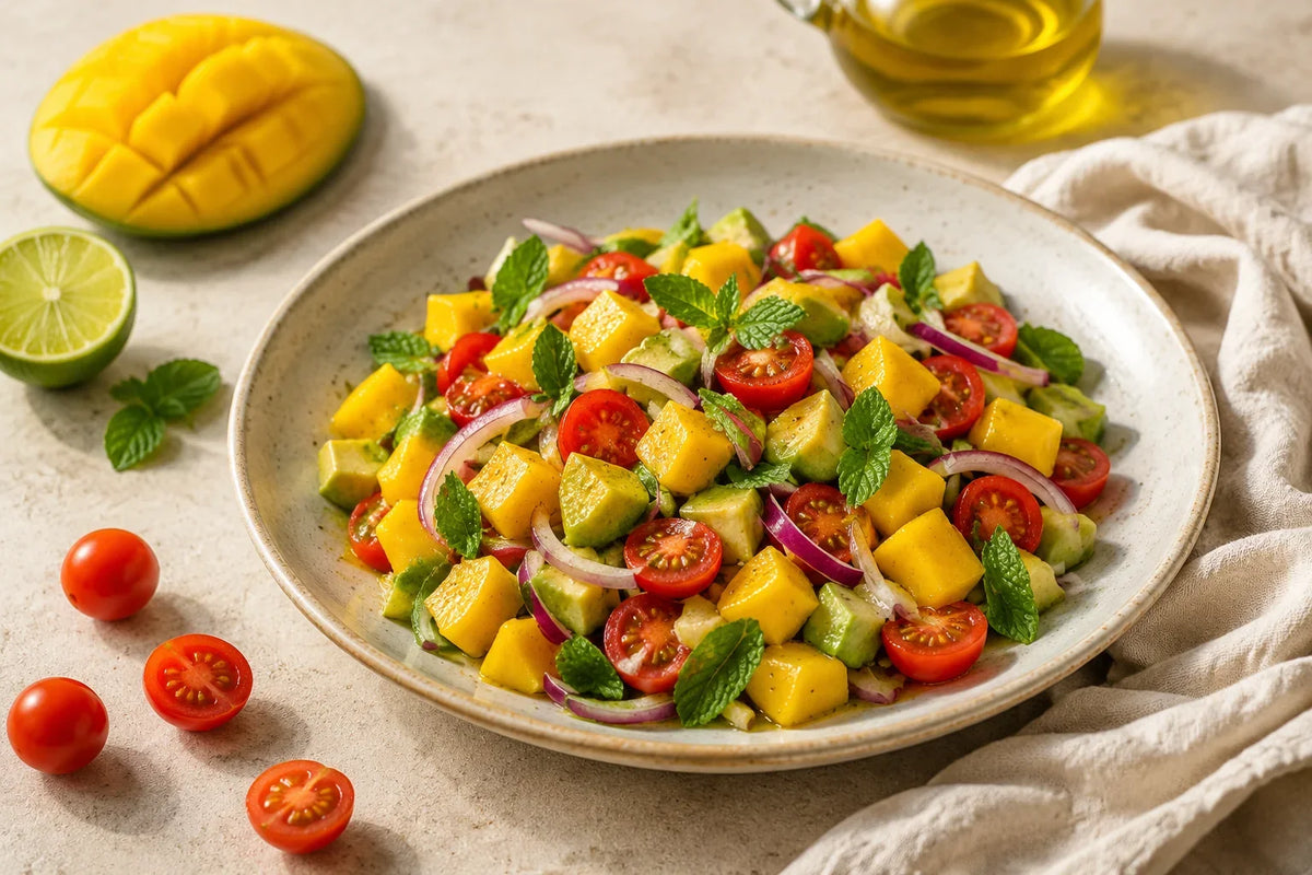 Insalata di mango e avocado con pomodorini, cipolla rossa e menta