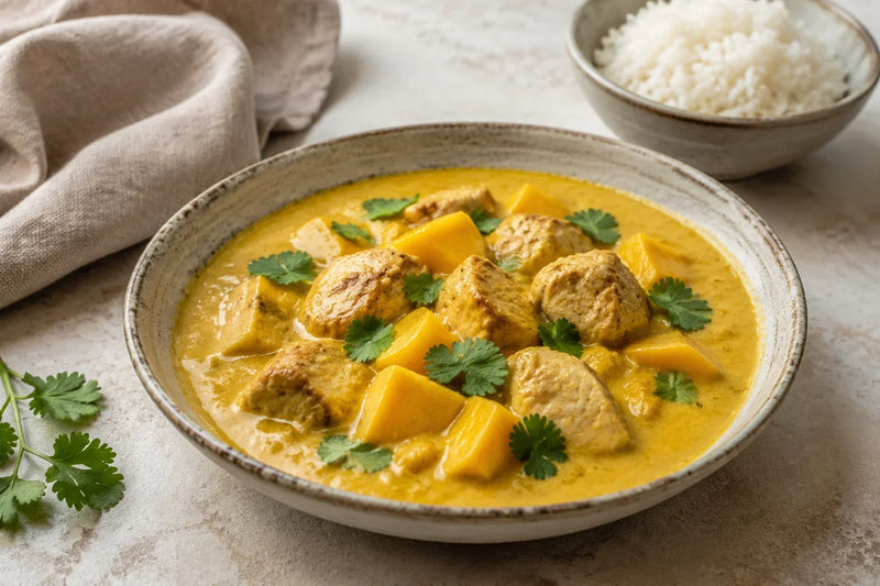 Pollo al mango e curry con latte di cocco e riso basmati