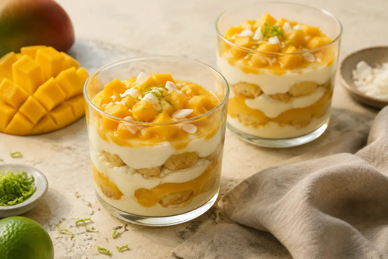 Tiramisù al mango in bicchiere con crema, savoiardi e lime